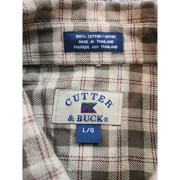 Cutter & Buck Men's 100% Cotton Long Sleeved Shirt Brown and Tan Plaid Large - Picture 2 of 6